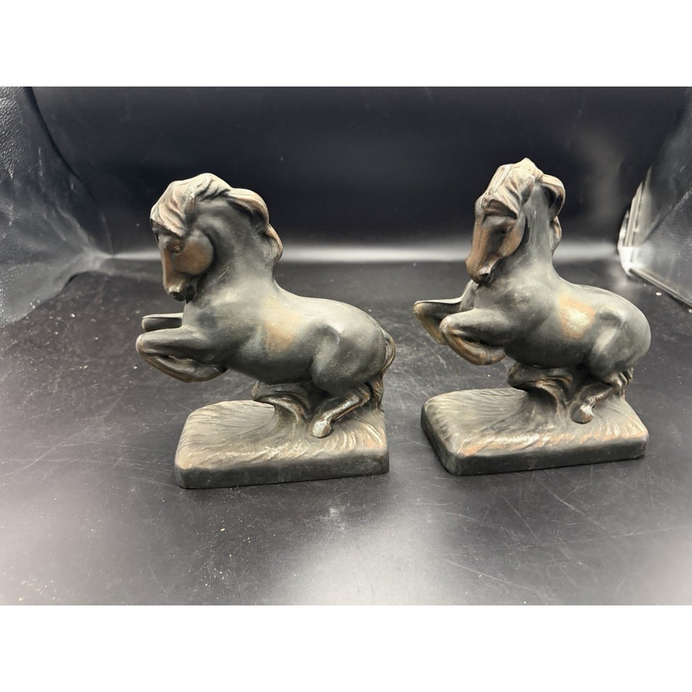 Vintage Bronze Tone Rearing Horse Bookends Pair Metal Art Deco Western Decor